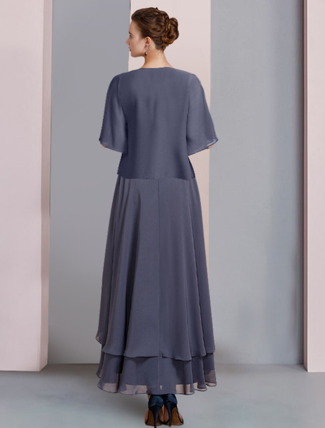 Wholesale  Two Piece A-Line Mother of the Bride Dress Formal Wedding Guest Elegant Scoop Neck Asymmetrical Tea Length Chiffon Lace Short Sleeve Wrap Included with Beading Appliques